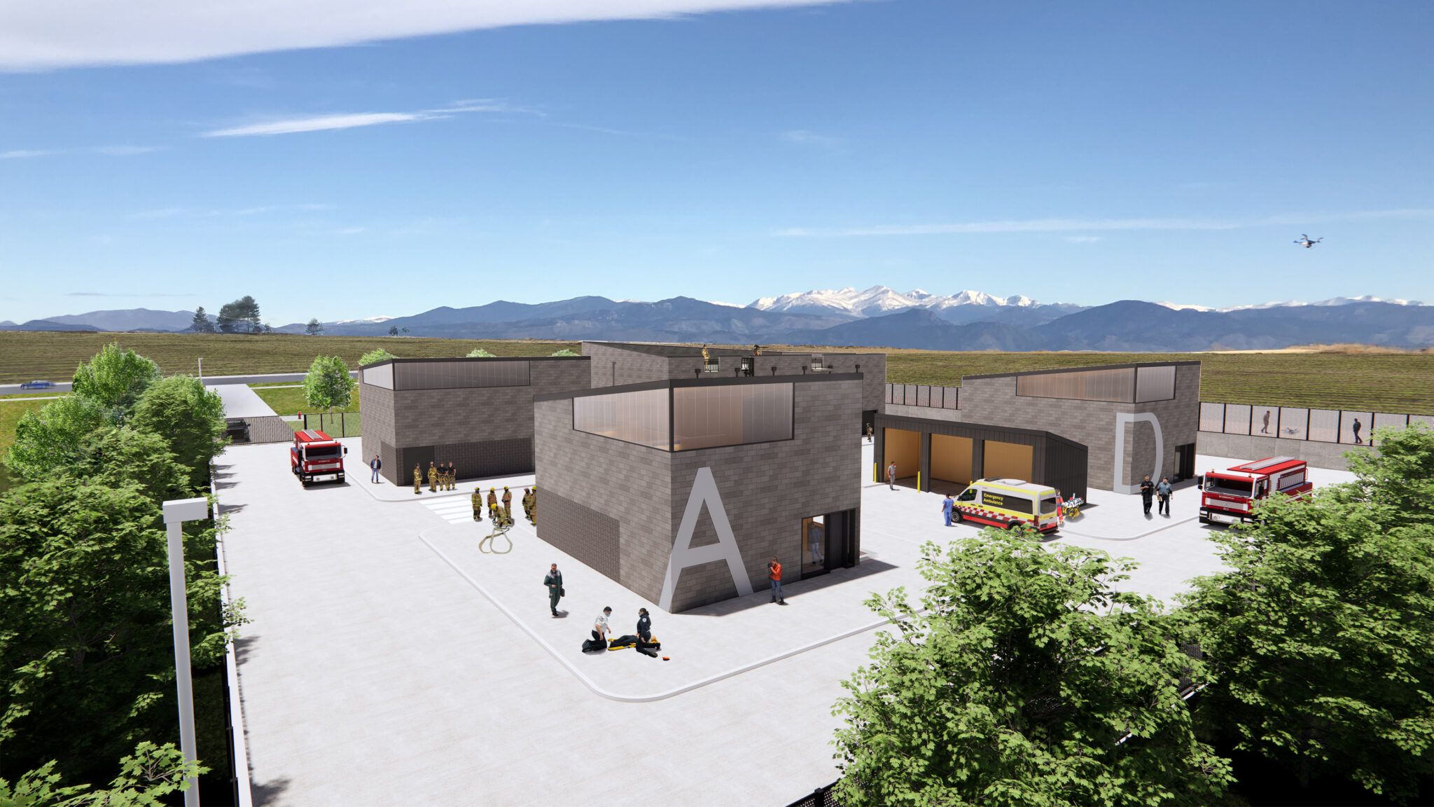 A rendering of four Aims Community College buildings in front of the mountains.