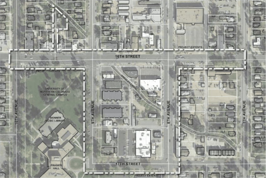 A map of 16th Street in east Greeley