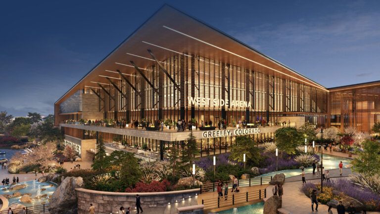 Cascadia WestSide Arena artist rendering from the outside at night