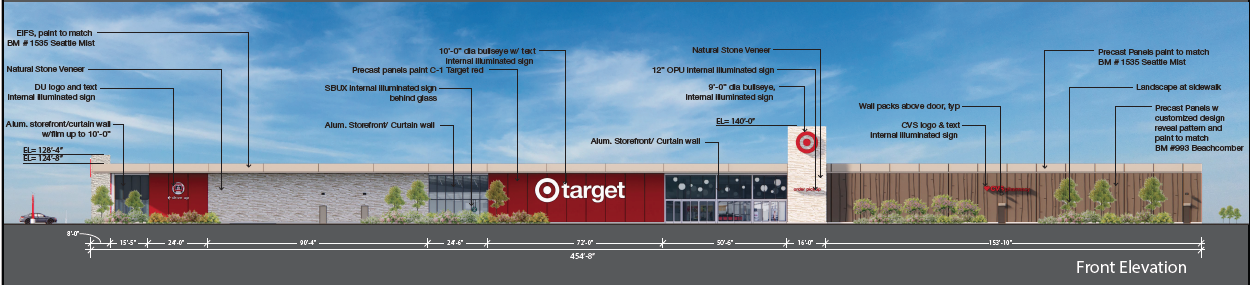 An elevation shows the planned Target store in Firestone.