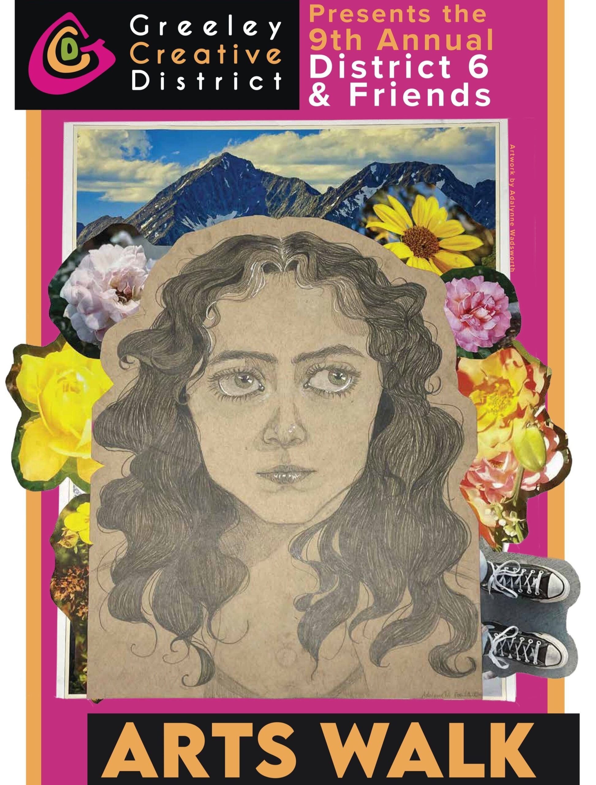 Sketch drawing of a woman with flowers in the background