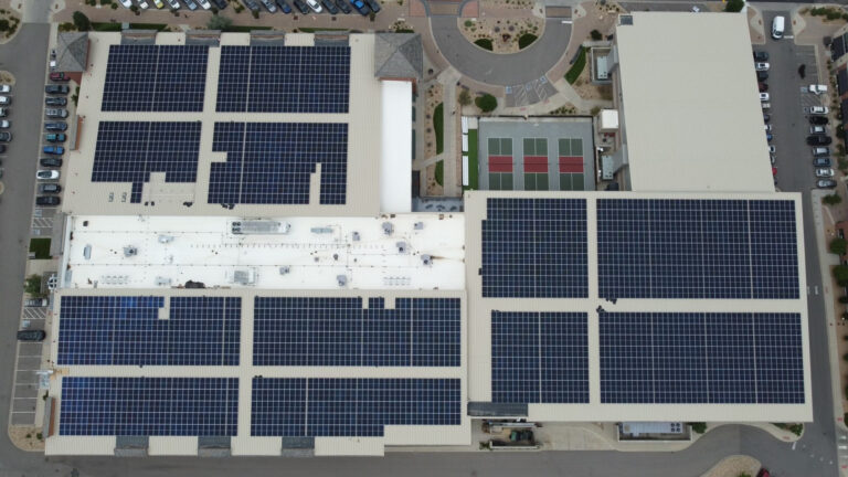 Blue Sports Stable aerial view of rooftop solar