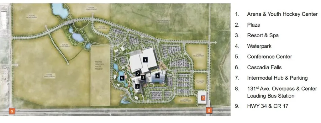 A map shows the location of the entertainment district planned northeast of the intersection of U.S. Highway 34 and Weld County Road 17.
