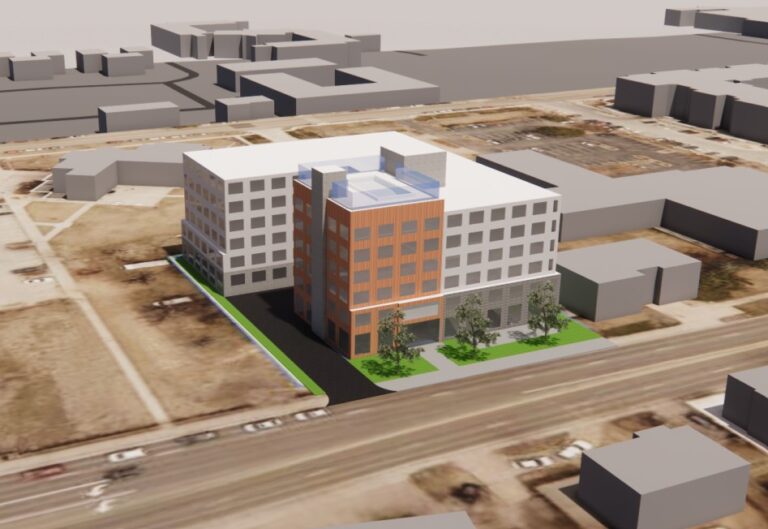 An architect’s rendering depicts developer Ben Bouillion’s concept of a building for student housing that could rise northeast of Prospect Road and Shields Street in Fort Collins.