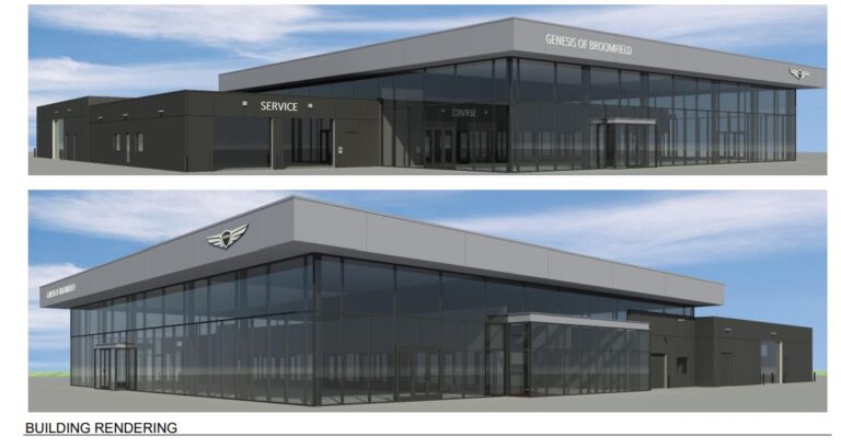 An artist’s rendering of the Genesis car dealership planned at 4101 Industrial Lane in Broomfield.