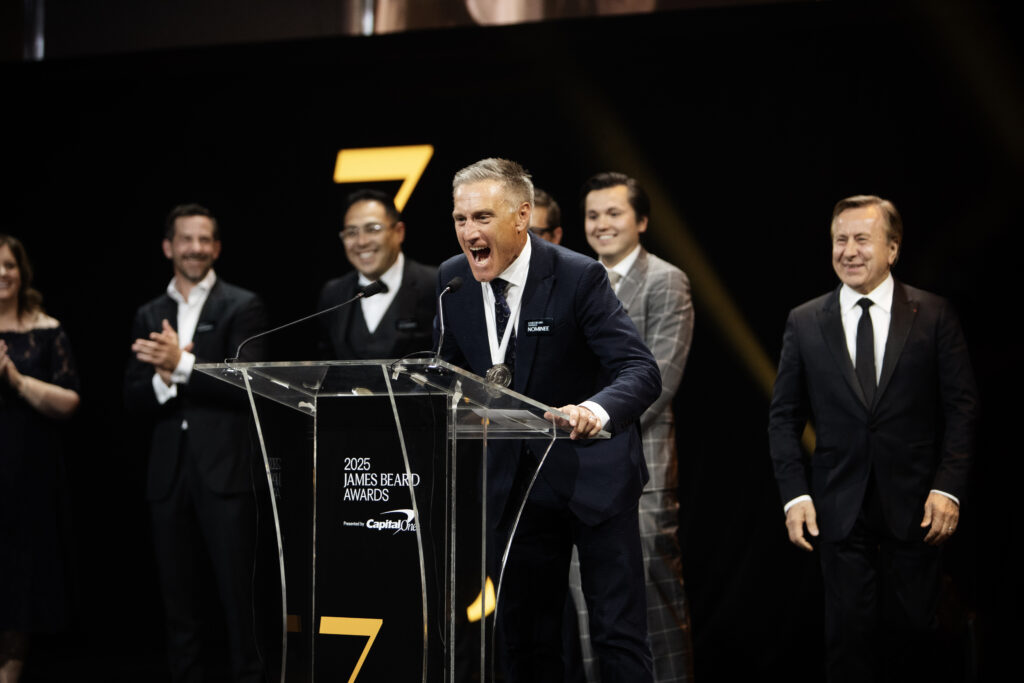 Frasca’s Bobby Stuckey accepting the Outstanding Restaurant award at the 2025 James Beard Restaurant and Chef Awards. Courtesy Eliesa Johnson for James Beard Foundation.