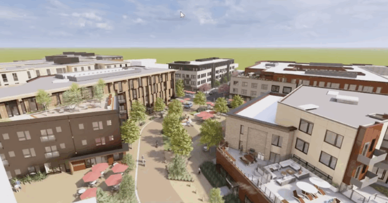 A rendering shows the proposed Williams Village redevelopment.