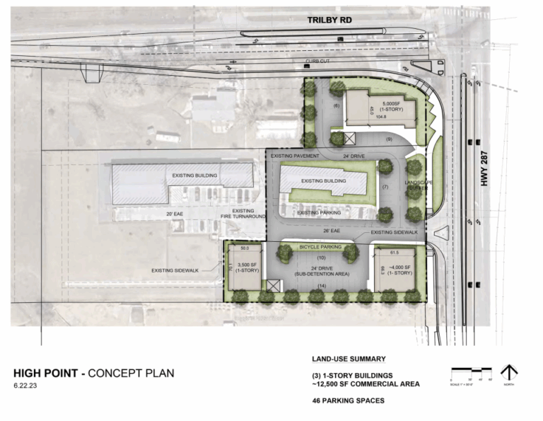 This is the concept plan for a development at West Trilby Road and South College Avenue in Fort Collins.