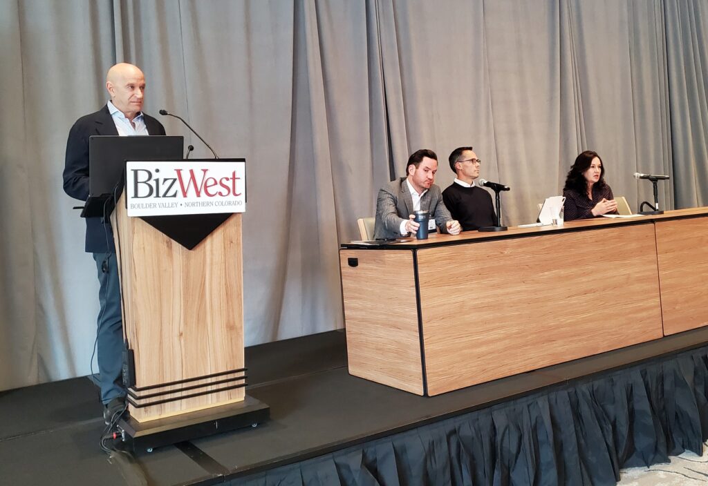 A panel on the area’s commercial real-estate outlook, held Thursday at the Boulder Valley Real Estate Conference, was moderated by Geoffrey Keys, president of Keys Commercial, and included, from left on the dais: Beau Gamble, president, Dean Callan & Co.; Erik Abrahamson, senior vice president, CBRE; and Karla Brown, senior broker and principal, The Colorado Group.