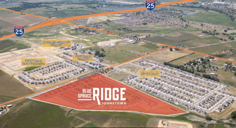 An enhanced aerial photo shows the location of Blue Spruce Ridge.