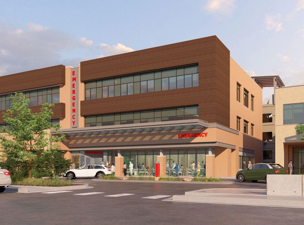 A rendering depicts the expanded face of Boulder Community Health near its emergency entrance.