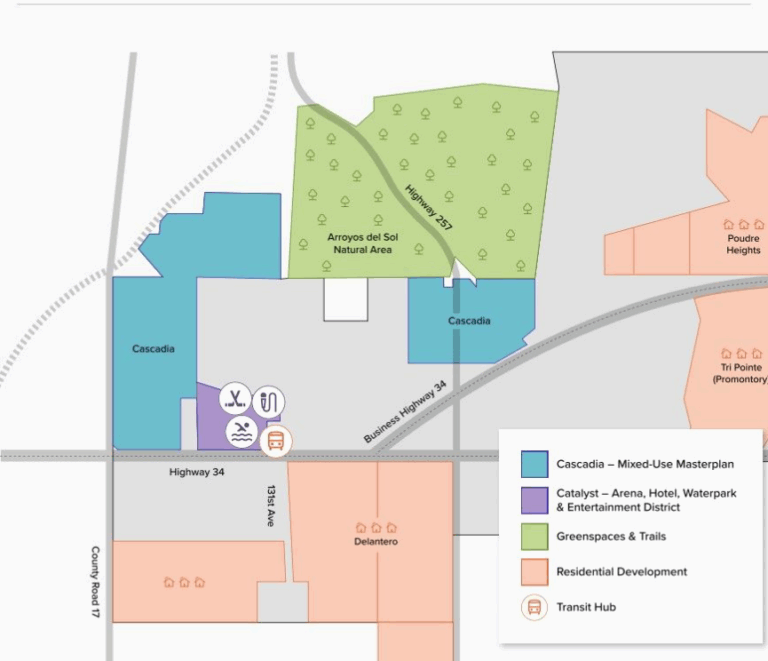 A map on a website built by the City of Greeley outlines its vision for the city’s western edge, including the Cascadia and Catalyst projects.