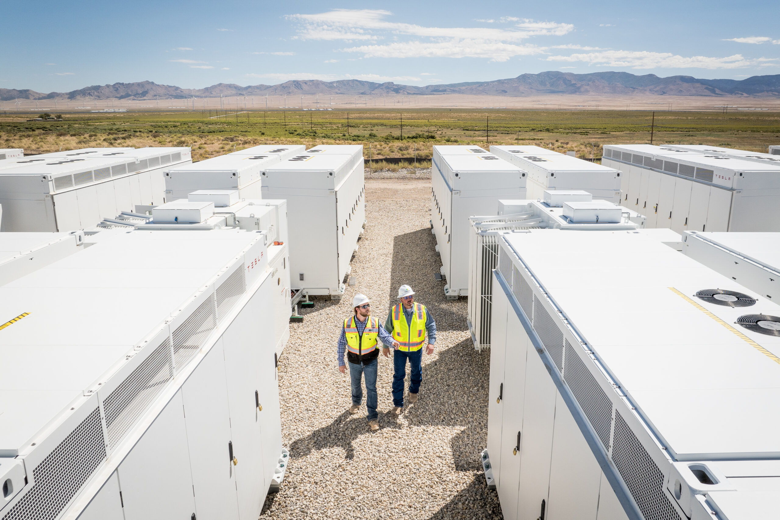 The planned Spindle Energy Center, a 199-megawatt energy storage system in Frederick will look like this project in Utah. The batteries are housed in white boxes, which are specialized enclosures about the size of a shipping container.