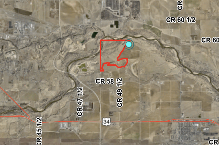 A map shows the farmland northwest of Kersey and north of U.S. Highway 34 that was acquired by the City of Aurora for its water rights.