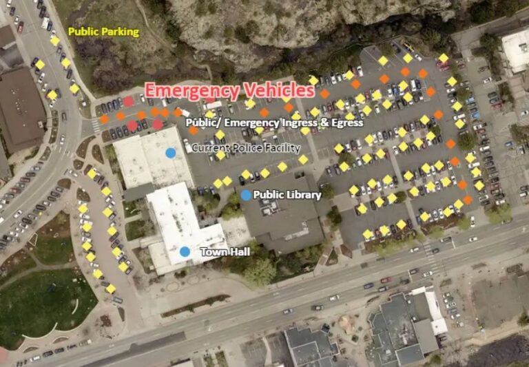 An aerial view shows the location of the current Estes Park Police Department and where its vehicles must park.