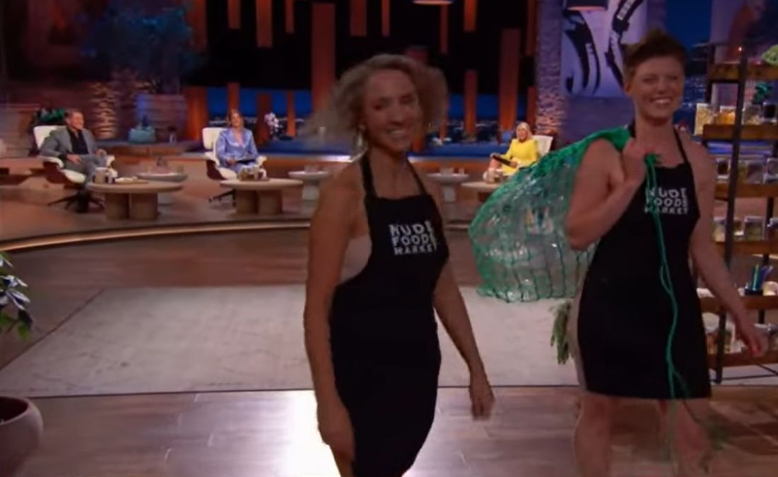 A screenshot shows Nude Foods co-founders Rachel Irons, left, and Verity Noble leaving the “Shark Tank” set after accepting an offer from the investors.