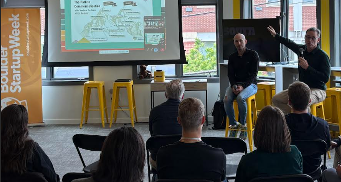Techstars Boulder managing partner Shay Har-Noy and Jim Booth, director of operations at Venture Partners at CU Boulder, spoke Monday during a Boulder Startup Week event.