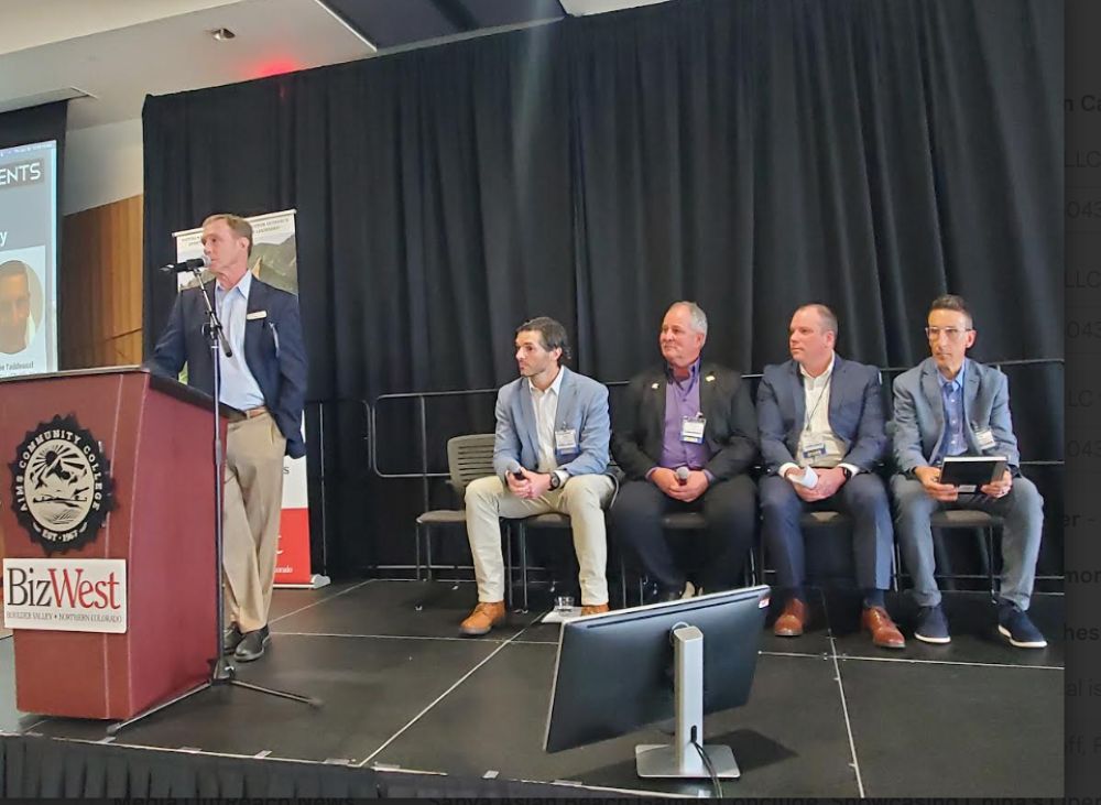 From left: Moderator Scott Holwick of Lyons Gaddis leads a panel on expanding water infrastructure at the Confluence summit that included Todd Gaston of WestWater Research, Martin Lind of The Water Valley Co., Virgil Pierce of the City of Greeley and Joe Taddeucci of the City of Boulder.