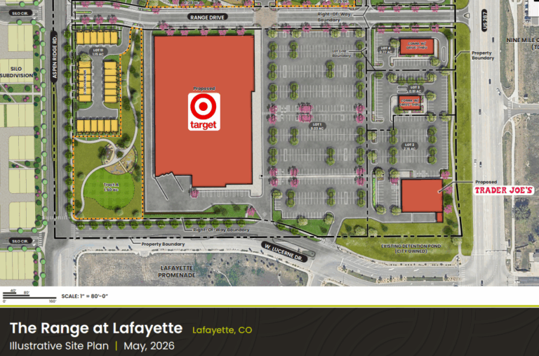 A site map for The Range mixed-use development in Lafayette shows proposed locations for Target and Trader Joe’s.