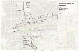 A map shows the proposed boundary for a new Downtown Development Authority in Boulder.