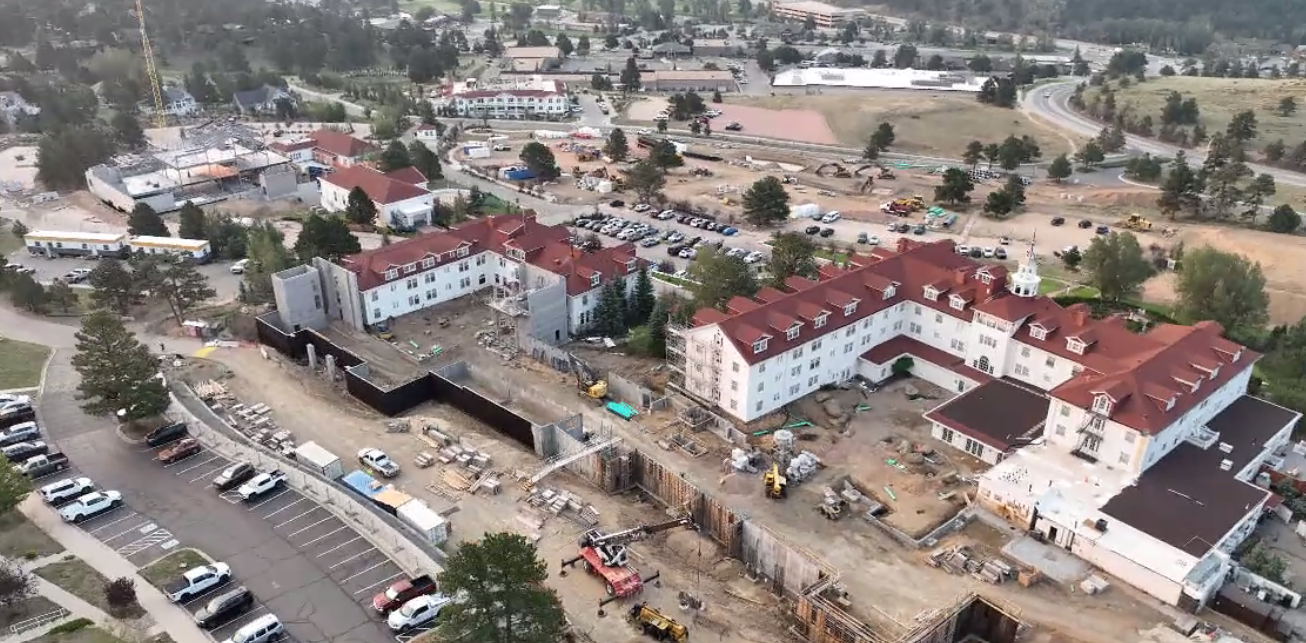 Drone footage of construction at the Stanley Hotel. Screengrab from Economic Development Commission meeting.