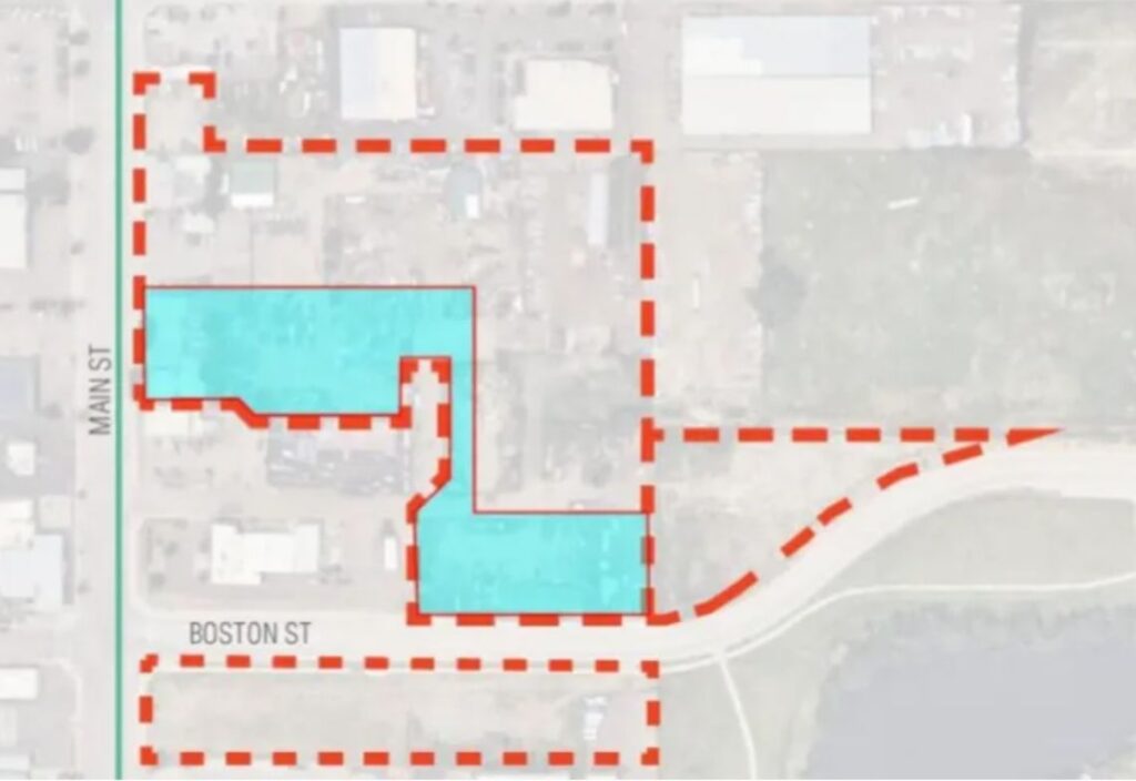 A map shows the location of Front Range Community College’s planned campus in downtown Longmont, shown in turquoise. The entire project, including the transit hub, is outlined by the hashed red lines