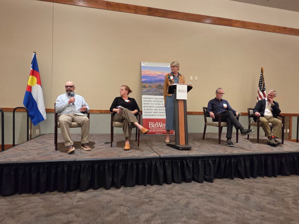 Kristin Todd, president and CEO of the NoCo Foundation, moderates a panel addressing solutions for more attainable home prices Tuesday at BizWest’s Northern Colorado Affordable Housing Summit. Panelists, from left, are: Andy Smith, redevelopment manager for the City of Fort Collins; Deb Callies, director of housing for the City of Greeley; Robert Paulsen, development services director for the City of Loveland; and Steve Byers, CEO, EnergyLogic.